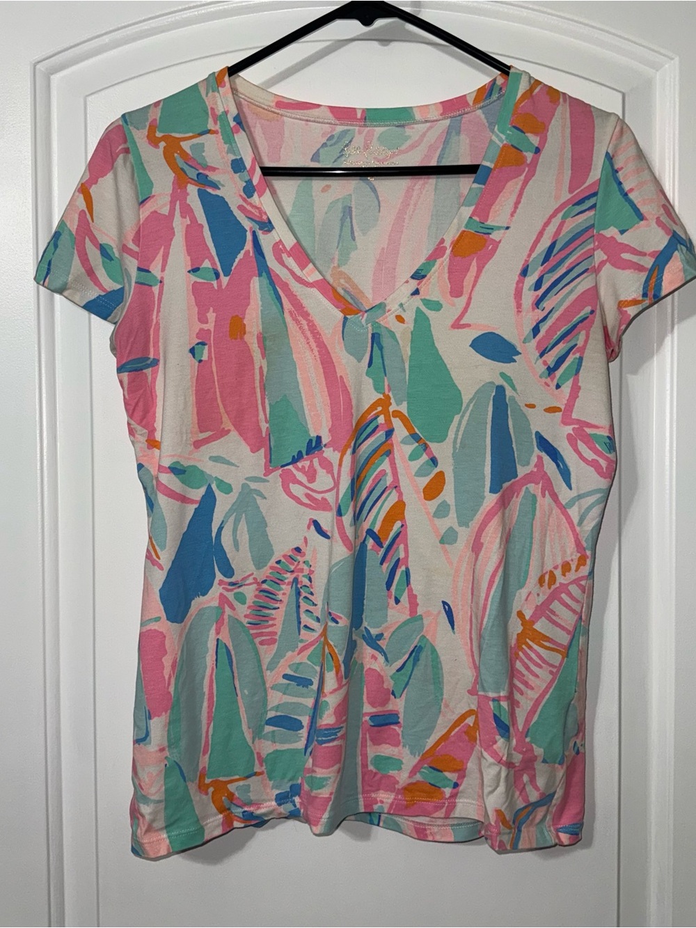Lilly Pulitzer Michele V-Neck Top Short Sleeve Out to Sea Sailboats Womens Small